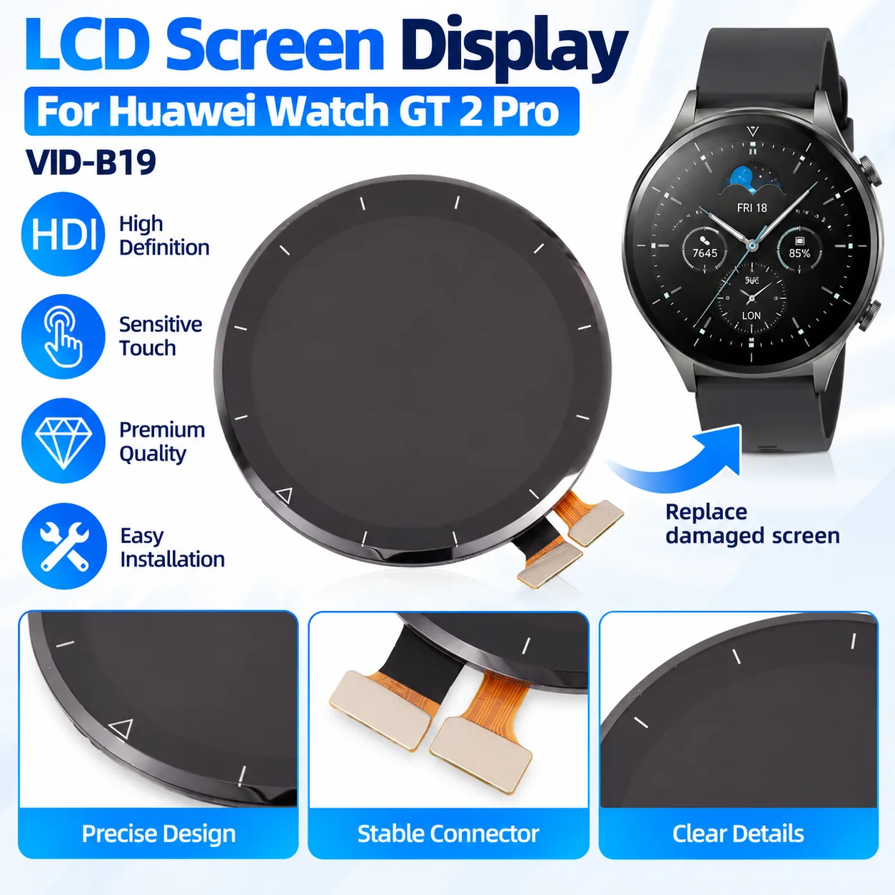 For Huawei Watch GT 2 Pro VID-B19 LCD Screen Display with Digitizer Full Assembly Replacement with / Without Frame