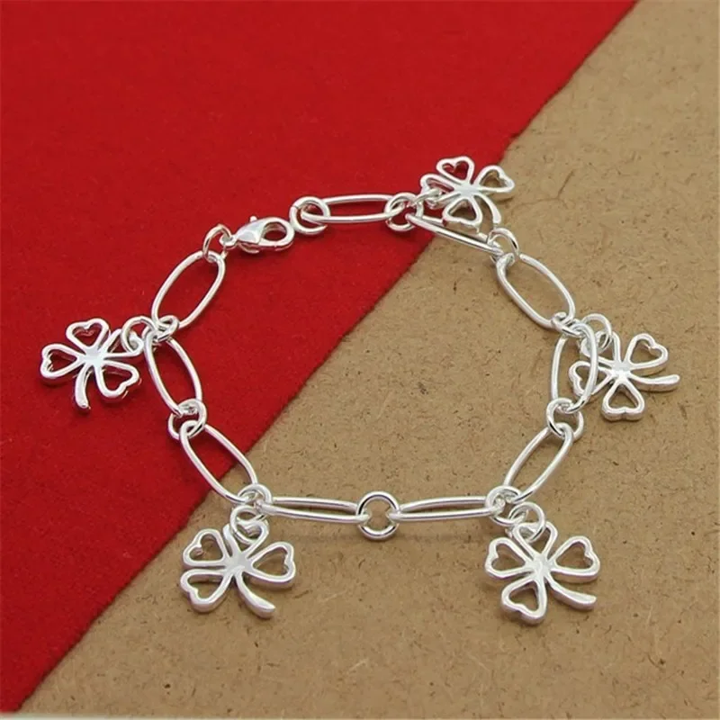 High Quality 925 Sterling Silver Bracelet Four Leaf Clover Paper Clip Bracelet 8 Inches For Women & Men Party Charm Jewelry Gift