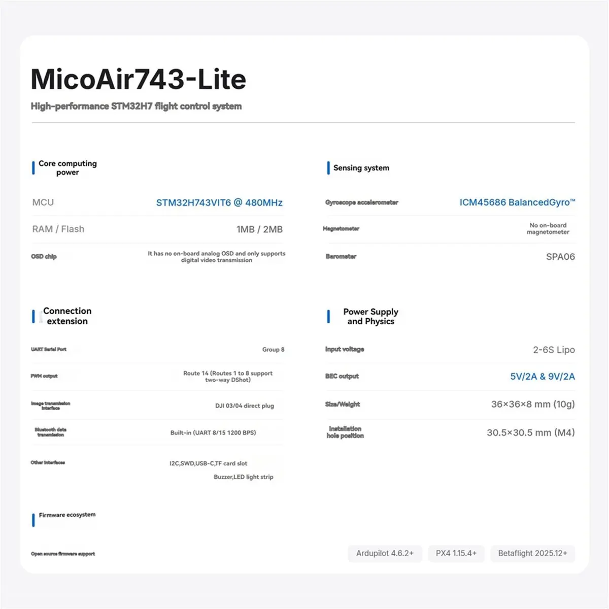 DTC5 MicoAir743 Lite FPV Stack H743 Flight Controller 50A 4in1 ESC Bluetooth Wireless Configuration for Ardupilot Firmware