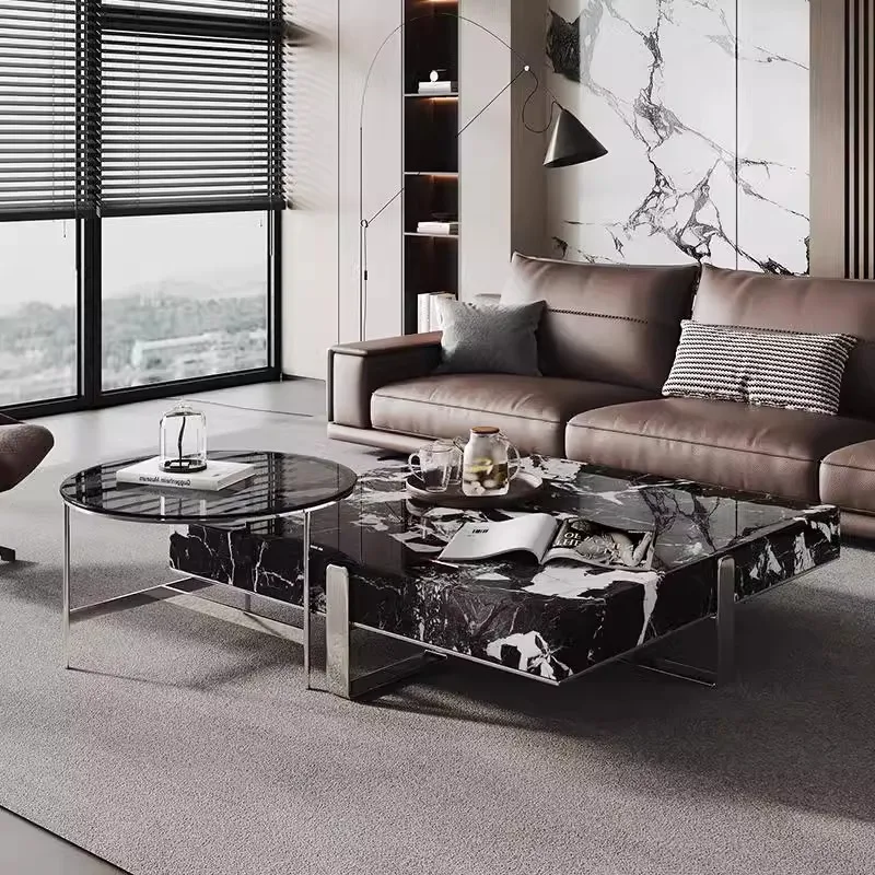 

Italian Minimalist Square Coffee Table, Black White Stone Top, Heat-Resistant & Easy Clean, Sturdy Compact Designer Set