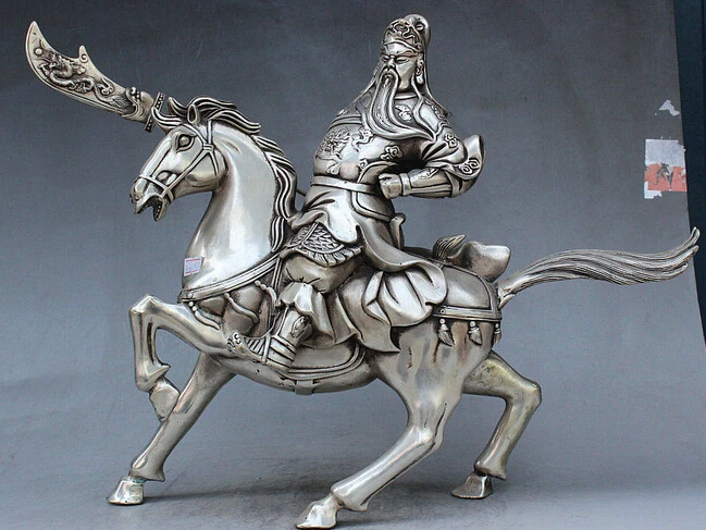 

decoration brass factory outlets Tibet Silver Chinese Fengshui Silver Riding Horse Guan Gong Yu Warrior God Grip Knife Statue