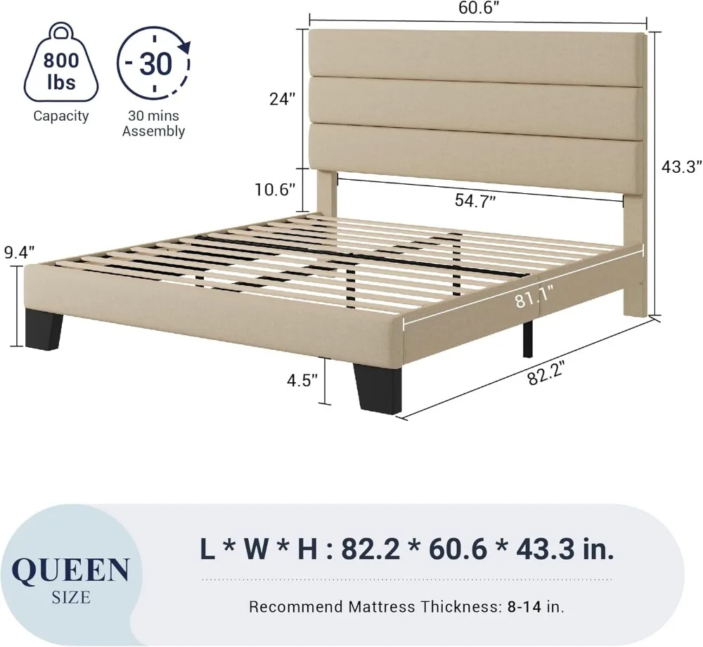 Cadre de lit plateforme queen size avec tête de lit rembourrée, support à lattes en bois, aucun sommier tapissier nécessaire, assemblage facile en beige