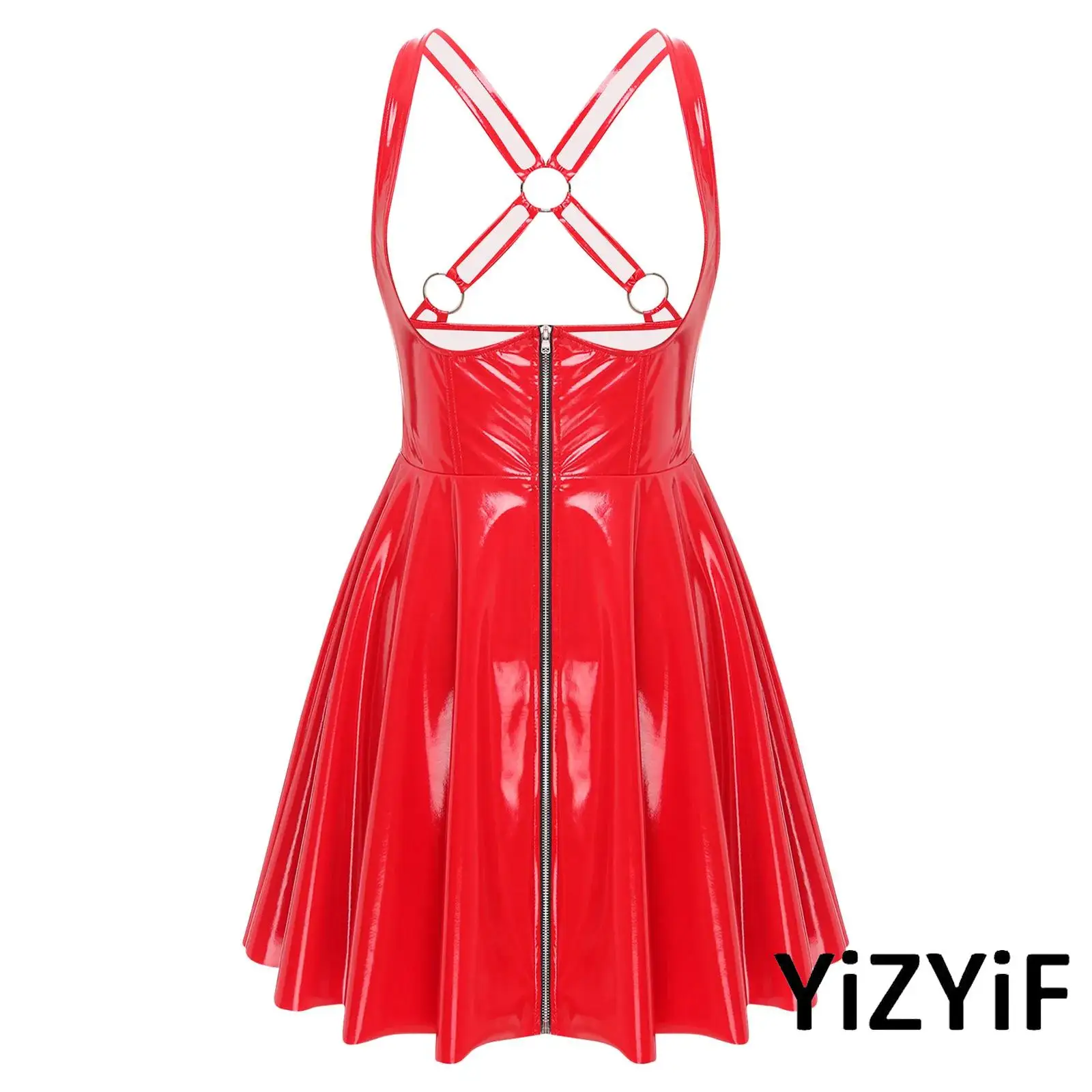 

Womens Gothic Punk PU Dress Low Neckline Sleeveless Front Zip Back Cross A-line Dress Wet Look Glossy Dress Halloween Clubwear