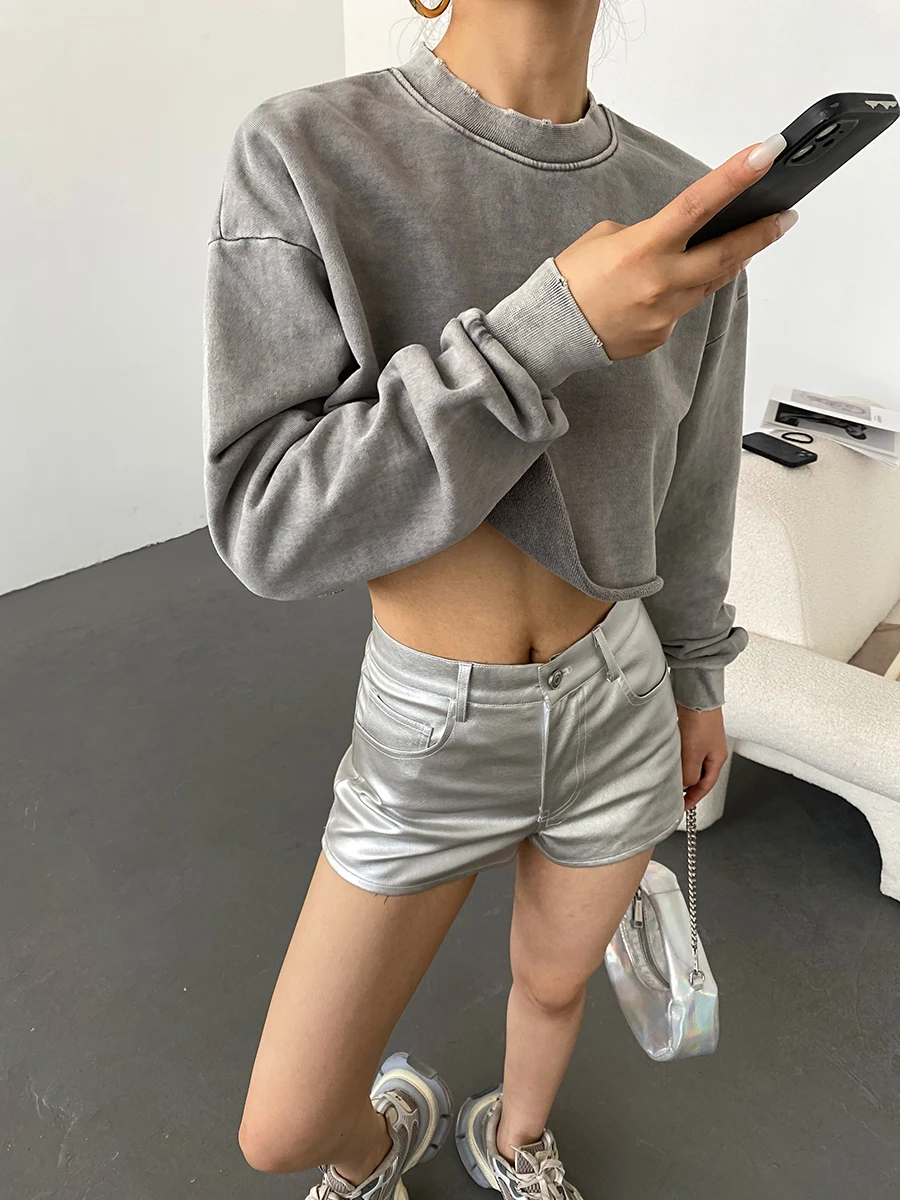 Distressed Curling Hot Girl Short Style Sweater Women's Retro Casual Loose Round Neck Long Sleeve Autumn Street Sweatshirts