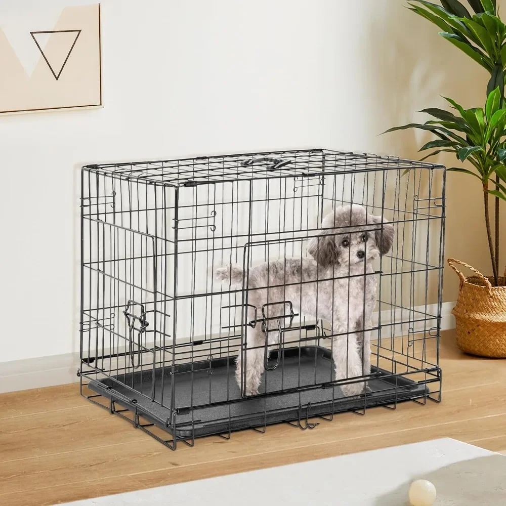 Dog Crate with Divider Panel, 42 Inch Double Door Folding Metal Wire Dog Cage with Plastic Leak-Proof Pan Tray