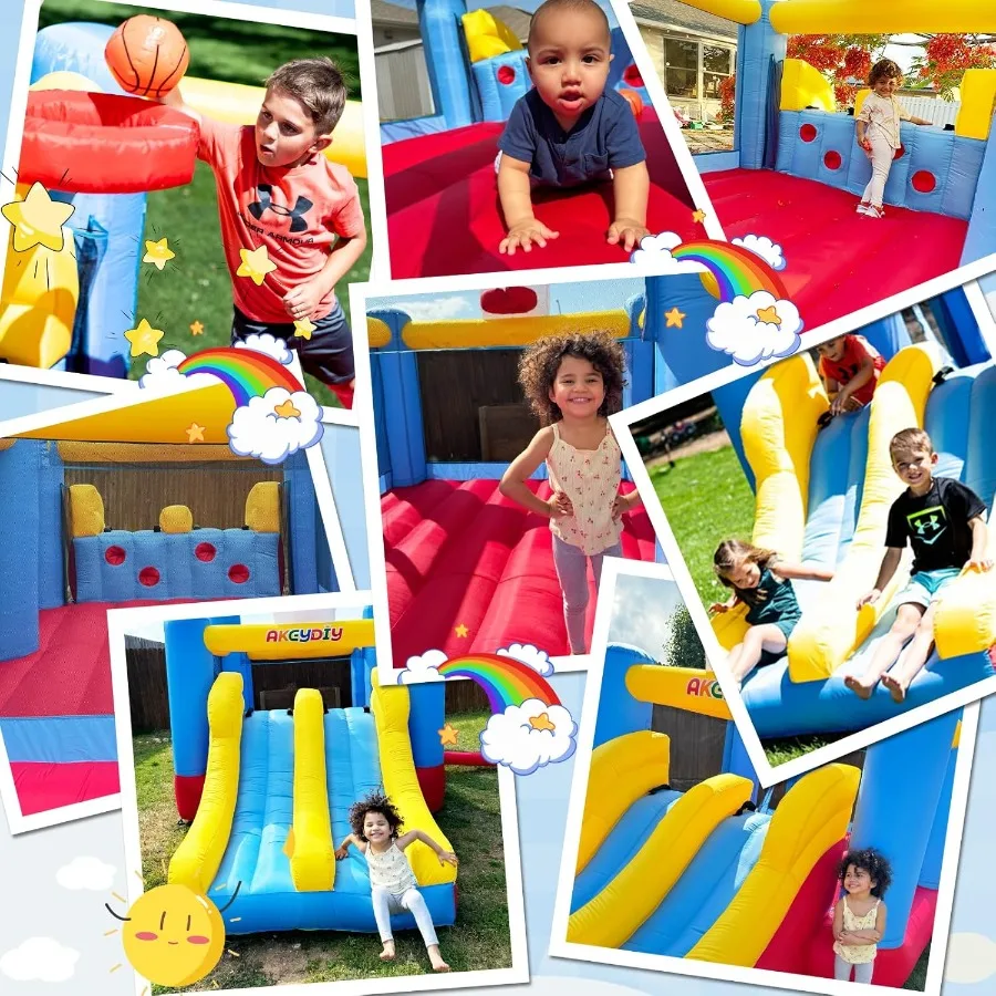 Opblaasbaar springhuis voor kinderen van 3-10, met ventilator, 15x7,8x7,5 ft springkasteel met groot springgedeelte, dubbele glijbanen, 2 basketbal