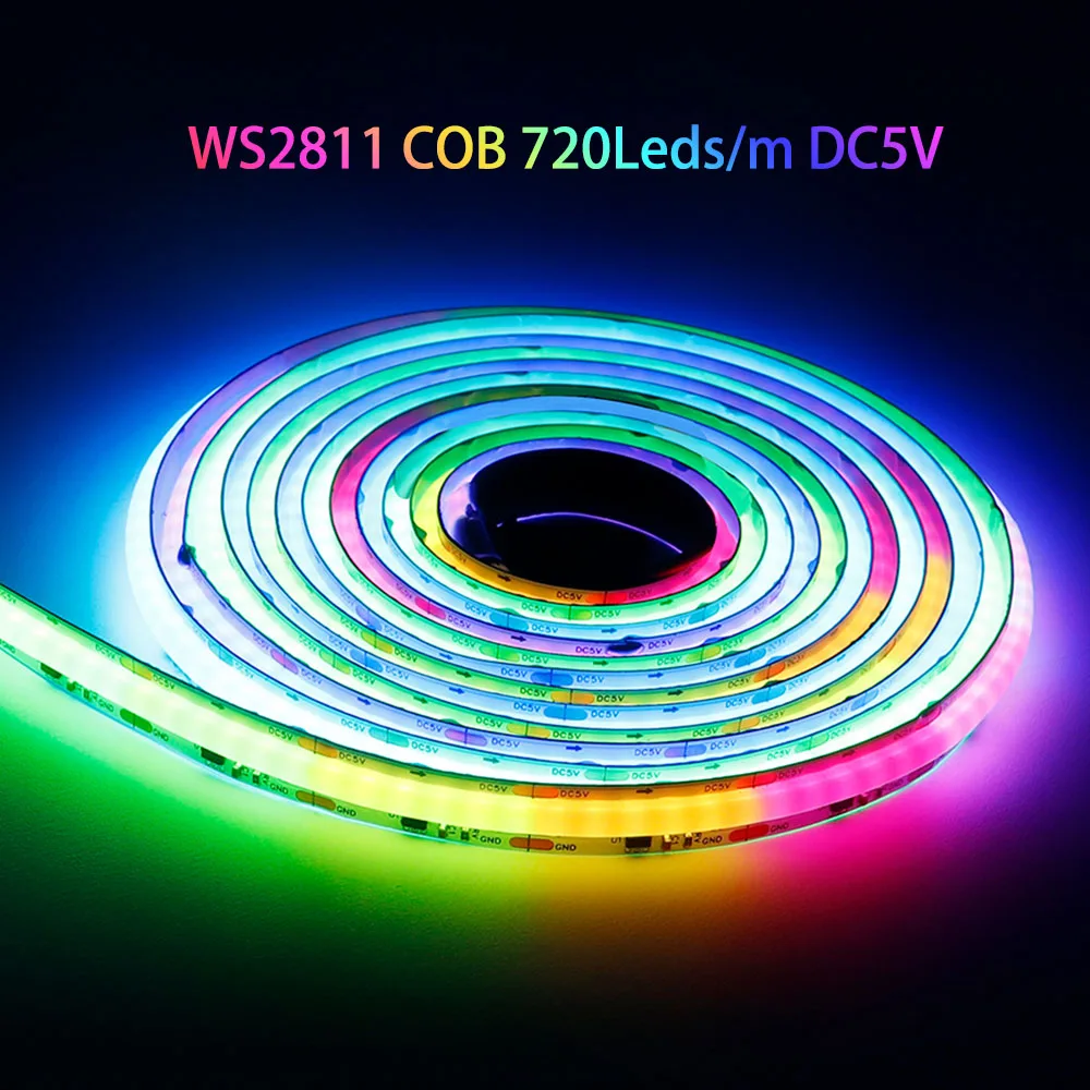 WS2811 DC5V Addressable COB LED Light Strip 720Leds/m  WS2812B High Density Flexible Dream Color 10mm FCOB COB Lights Tape 1-5M