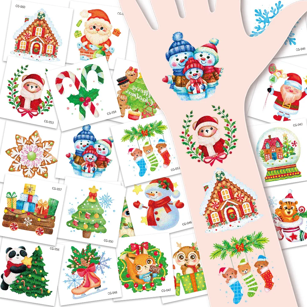 20 Sheets Merry Christmas Glitter Temporary Tattoos, Sparkling Design Xmas Tree Snowman Santa Claus Snowflake Christmas Motifs E