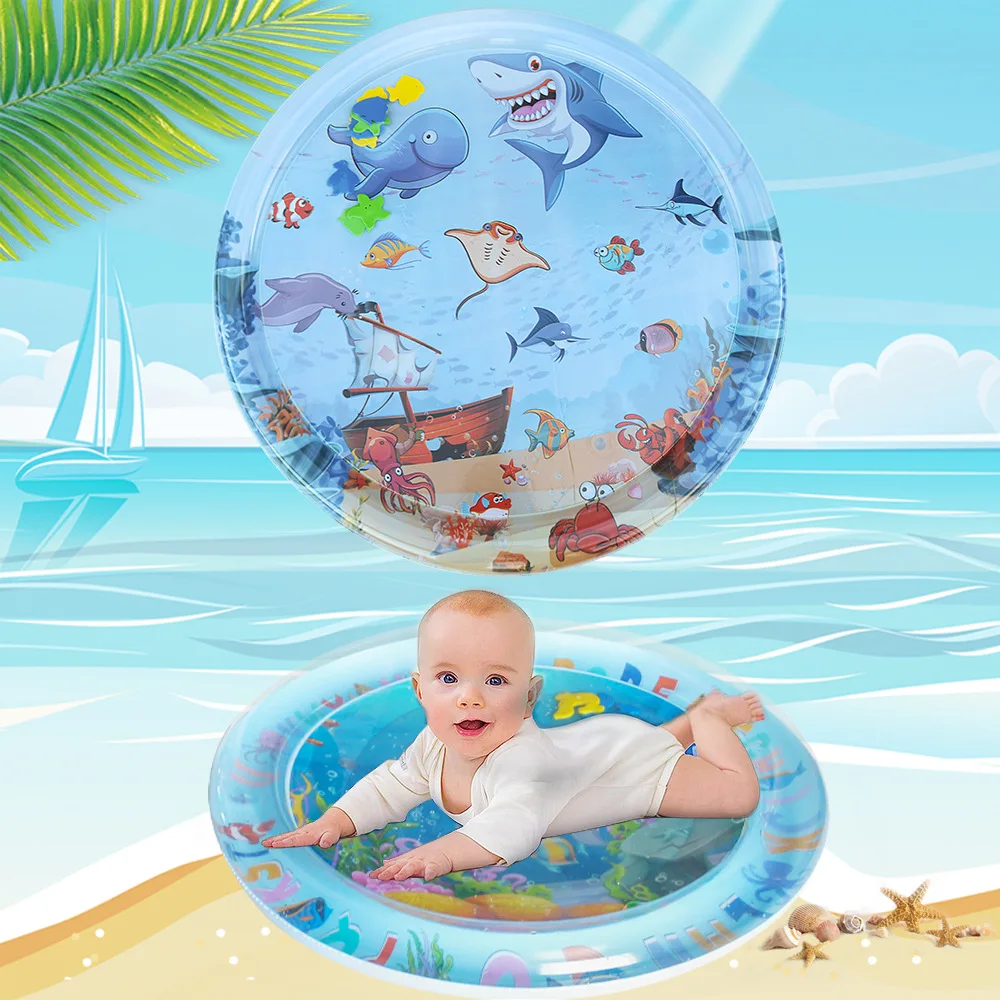 Large Baby Playing Water Mat Dolphin Seal Pattern PVC Inflatable Round Play Mat Cushion Kids Gift