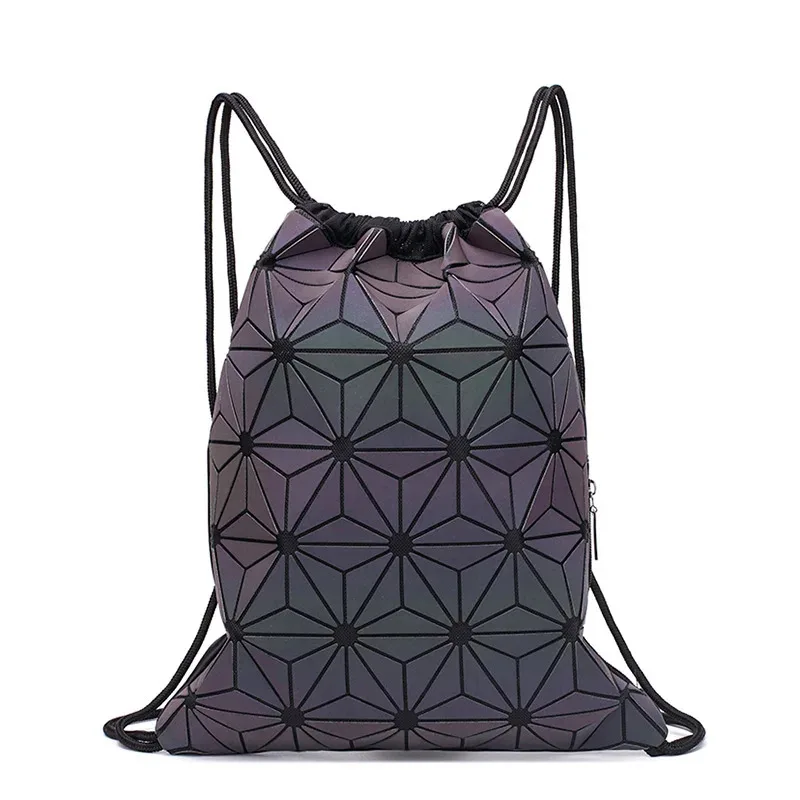 New Women Drawstring Backpacks Holographic Bagpack Female Luminous Geometric Backpack For Teenage Girls School Bag Beach Bao Bag