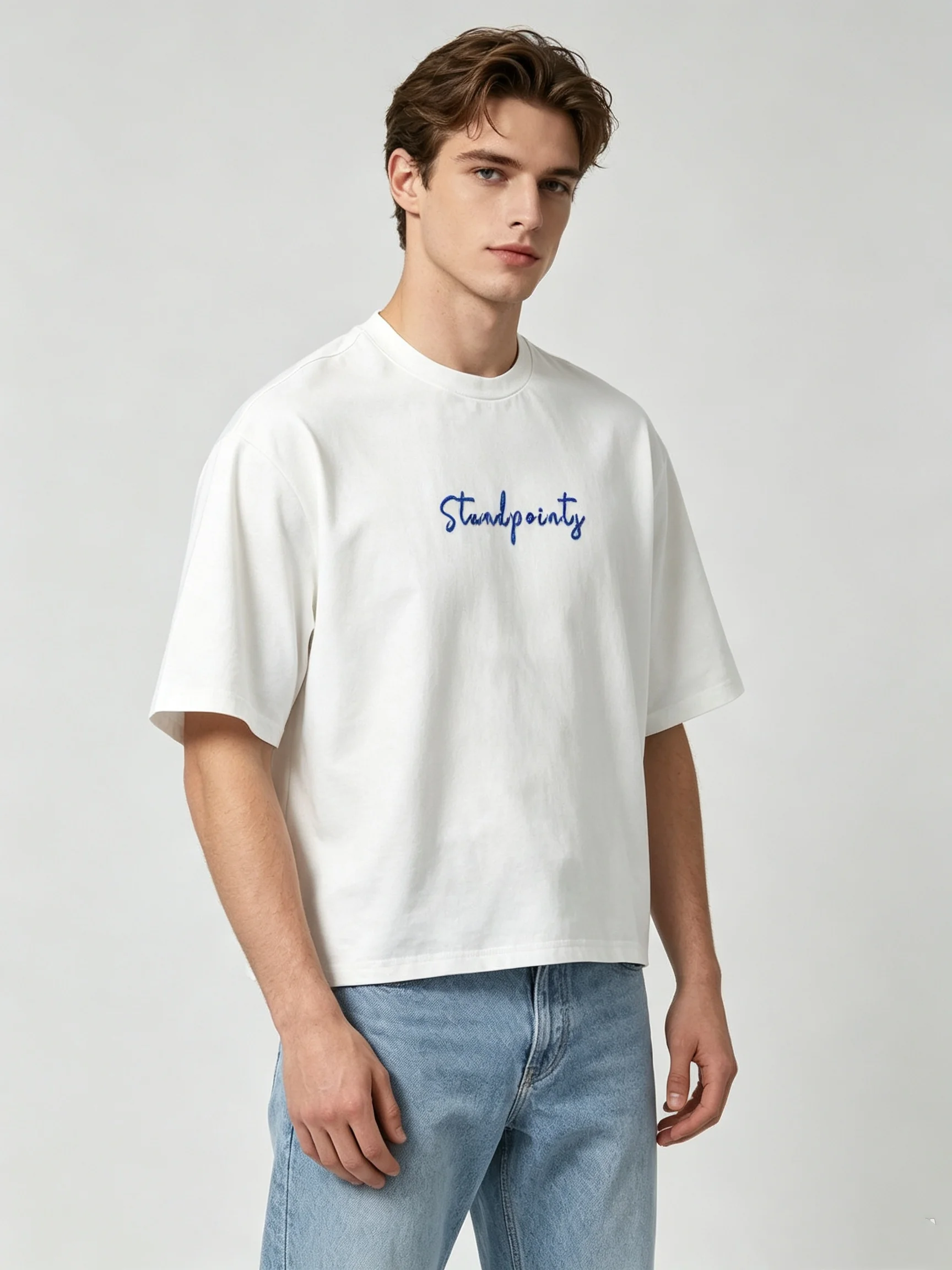 Men's Front & Back Script Embroidered T-Shirt Oversized Loose Fit White Cotton Casual Street Short Sleeve Tops