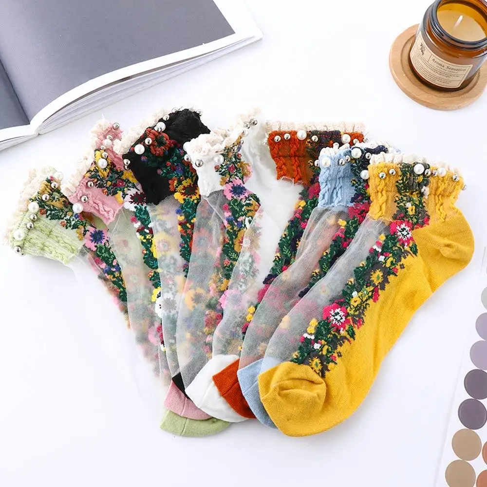 Breathable Transparent Spring Women Shallow Mouth Pearl Hosiery Embroidery Flowers Socks Boat Socks Short Socks