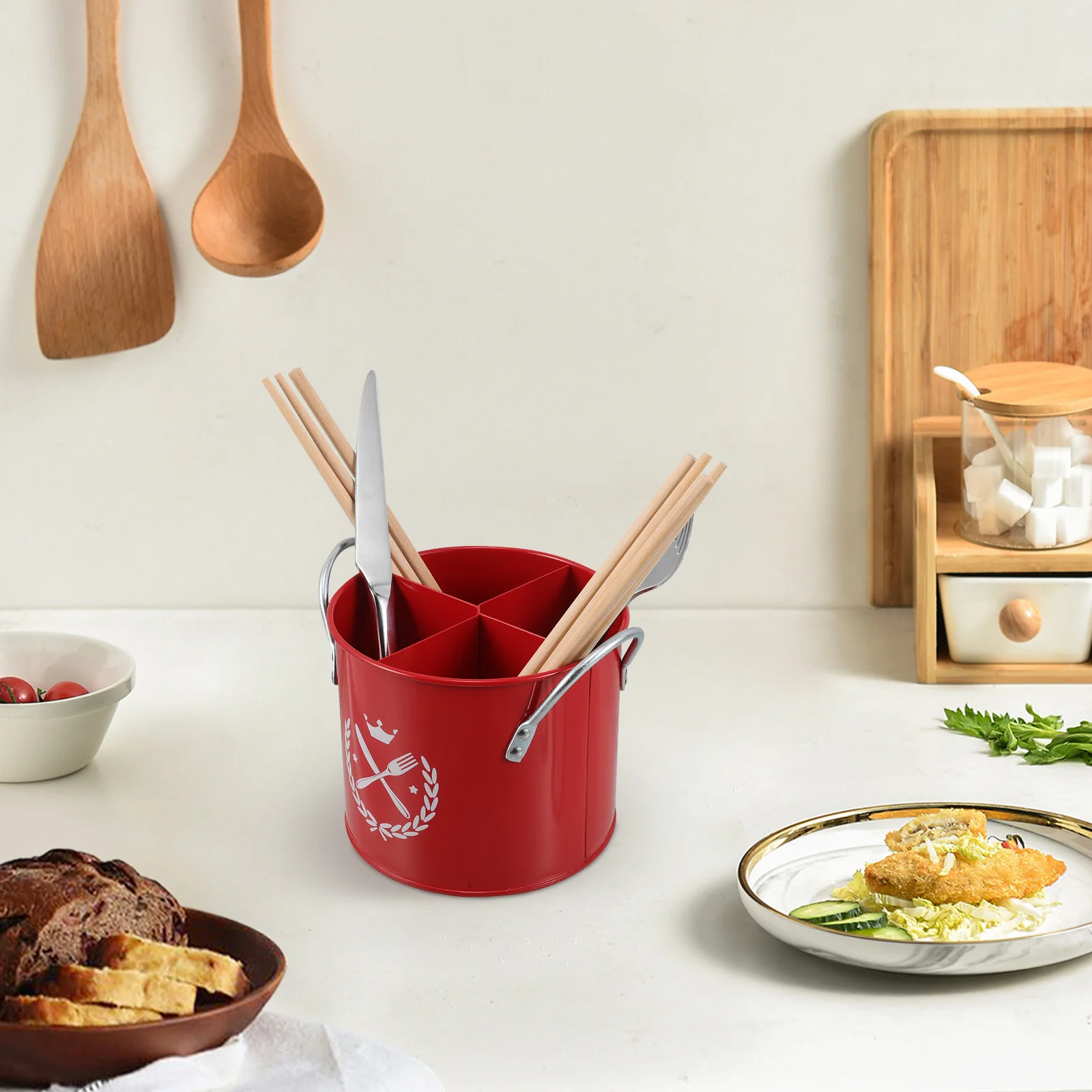 

Rustic Christmas Kitchen Chopsticks Organizer Metal Utensil Holder 4 Compartments Countertop Portable Caddy Knife Fork Spoon