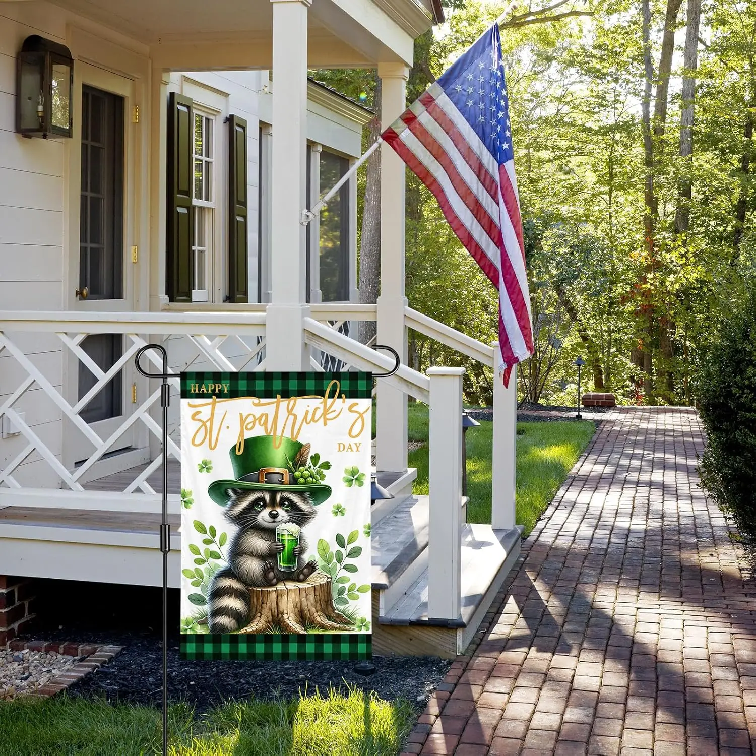 St. Patrick's Day Raccoon Garden Flag 12x18inch Raccoon Drinking Beer Sign Double Sided Lucky Green Clover Spring Farmho AAS