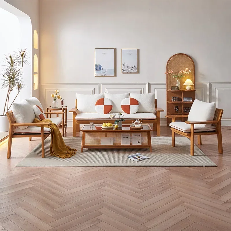 New Chinese-style solid wood sofa living room winter and summer dual-purpose simple ash wood rattan sofa coffee table
