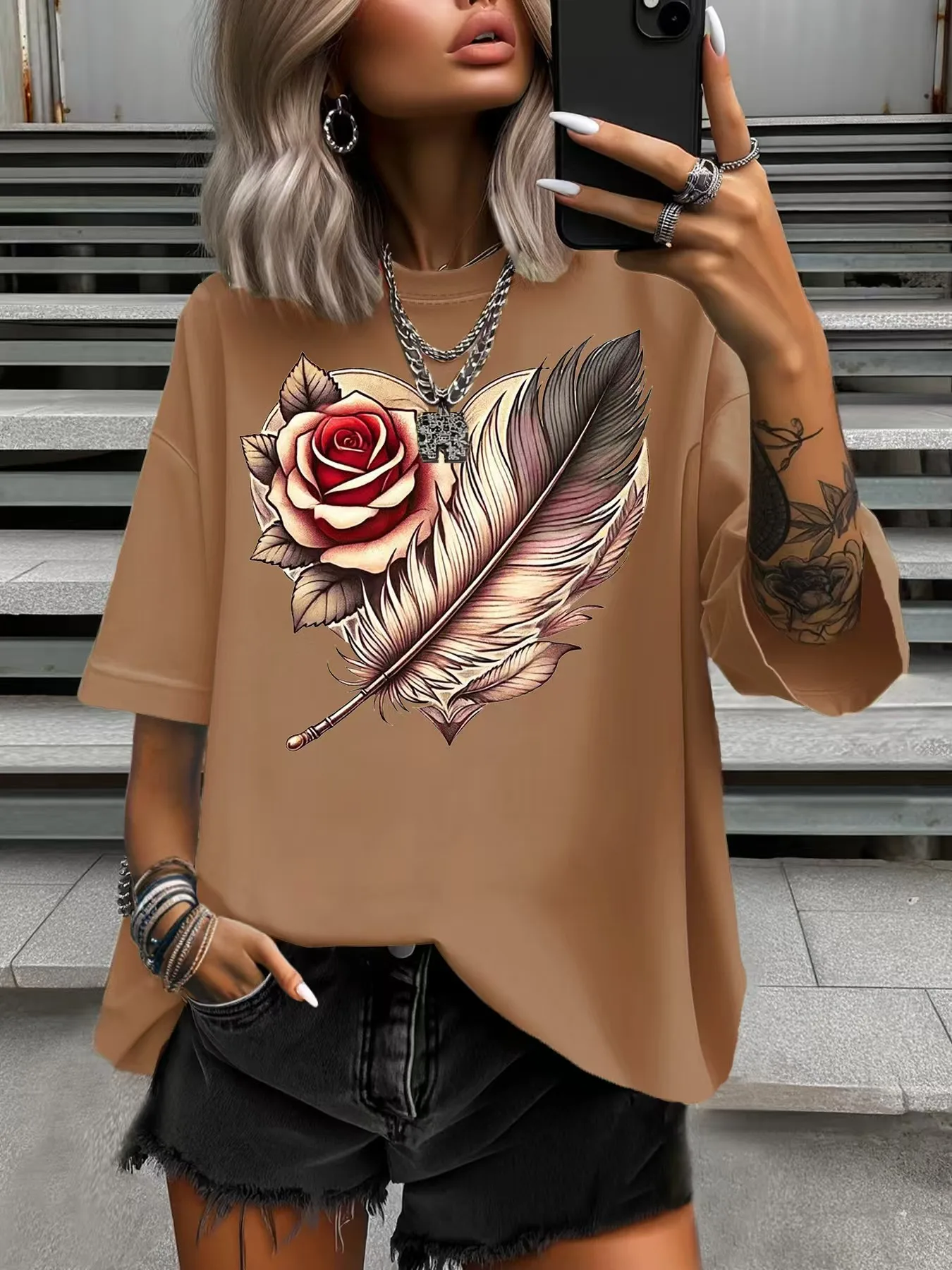 

Summer Women's Plus Size T-Shirt Original Design Fashion Rose Feather Pattern Print Women's Casual Round Neck Short Sleeved Tops