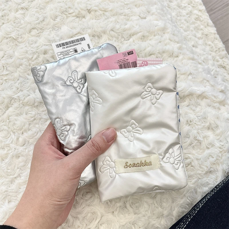 Korean Pink Silver Passport Cover PU Multi-function Women Men Waterproof Passport Bag Cute Bow Pattern Card Holder Wallet