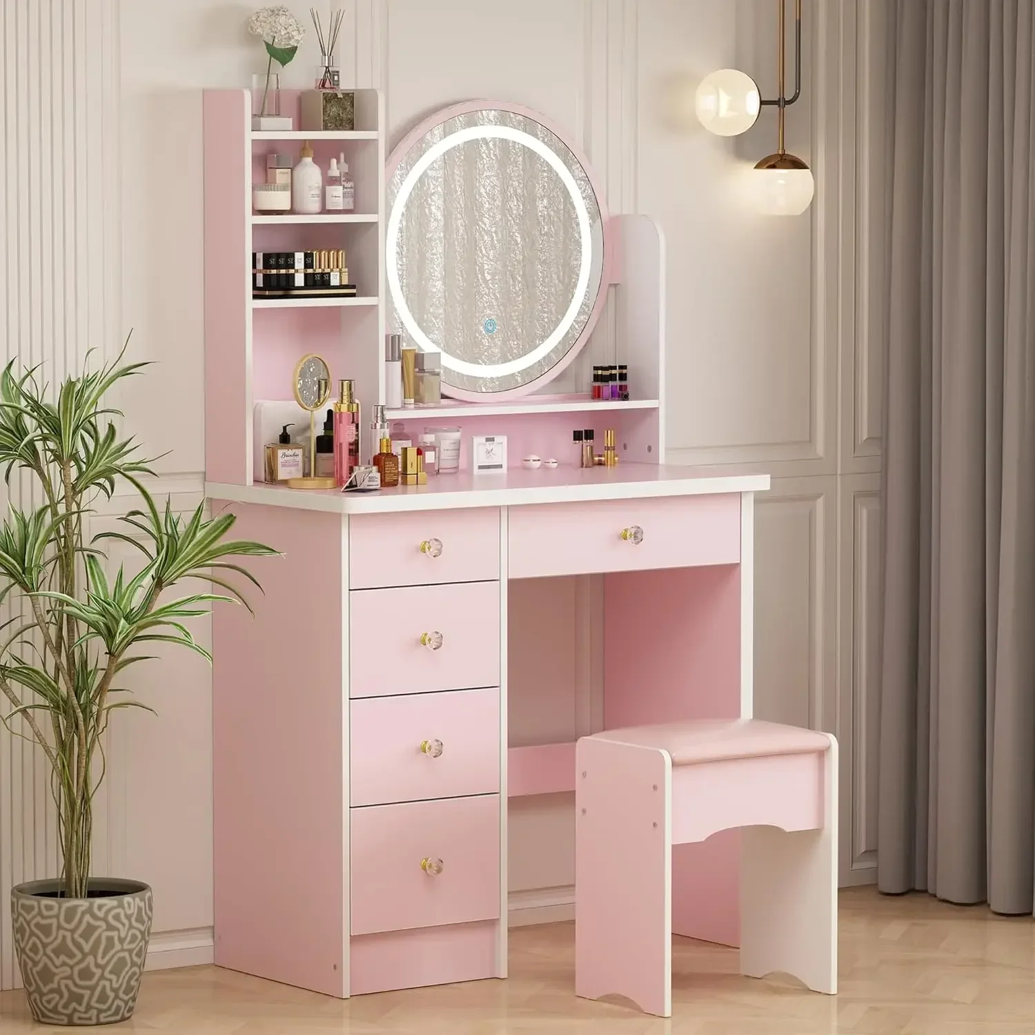 Vanity Desk Set with LED Lighted Round Mirror, Makeup Dressing Table with 5 Drawers, Storage Shelves & Cushioned Stool for Bedro