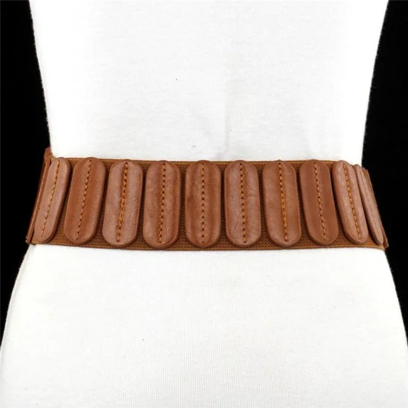 New Fashion Elastic Wide Belt Strap Vintage Women Faux Leather Buckle Elastic Wide Belt Strap Solid Color Waistband