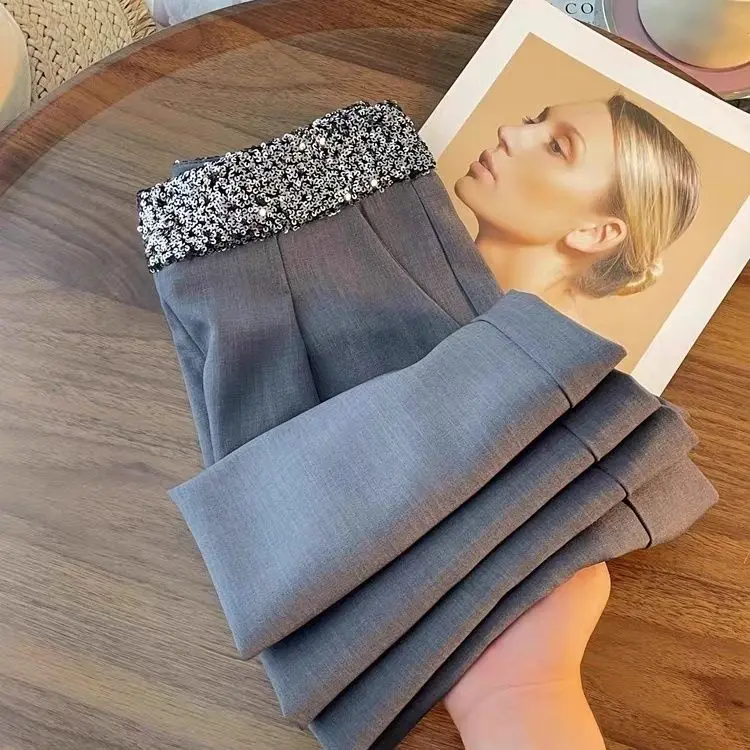 

Women's Grey Sequin Trousers High Waist Skinny Floor Pants Wide Leg Pants clothes sweatpants women