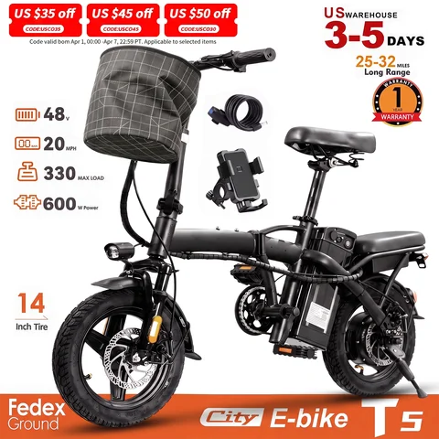 T5 14Inch Folding Electric Bike for Adult Commuters 48V 750W Peak 20MPH 18-22 Miles Range Disc Brake Lightweight E-bike