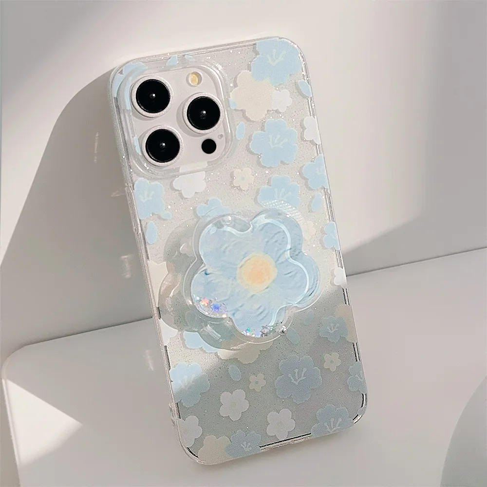 Hot Selling Phone Case For iPhone 14 ProMax 15 Plus 13 12 11 Clear Blue Small Flower Airbag Holder Anti Drop silicone Soft Shell