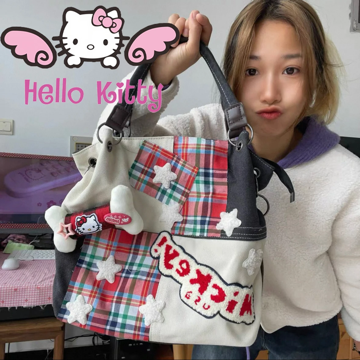 

My kitty MINISO Hello kitty American retro red grid crossbody bag y2k high quality Hello kitty bag cute Women's handbag gift