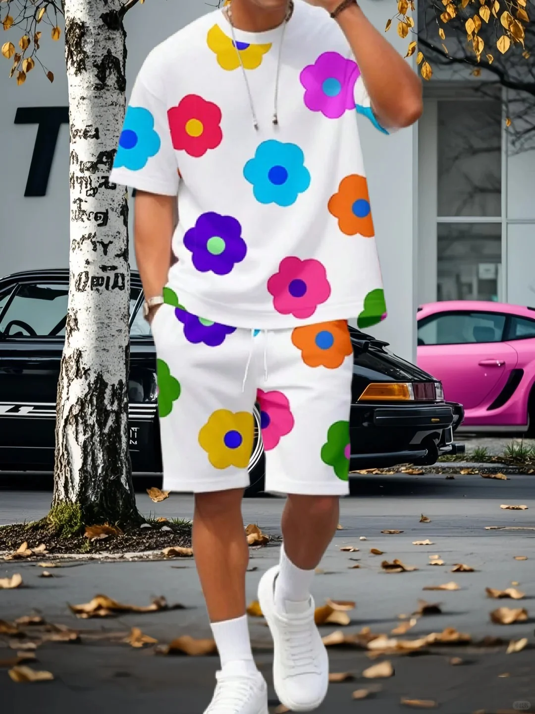 

25/26 Cartoon Flower Print Summer Men's Short Sleeve Shorts Set Everyday Casual Men's T-shirt Outdoor Sports Men's Beach Shorts