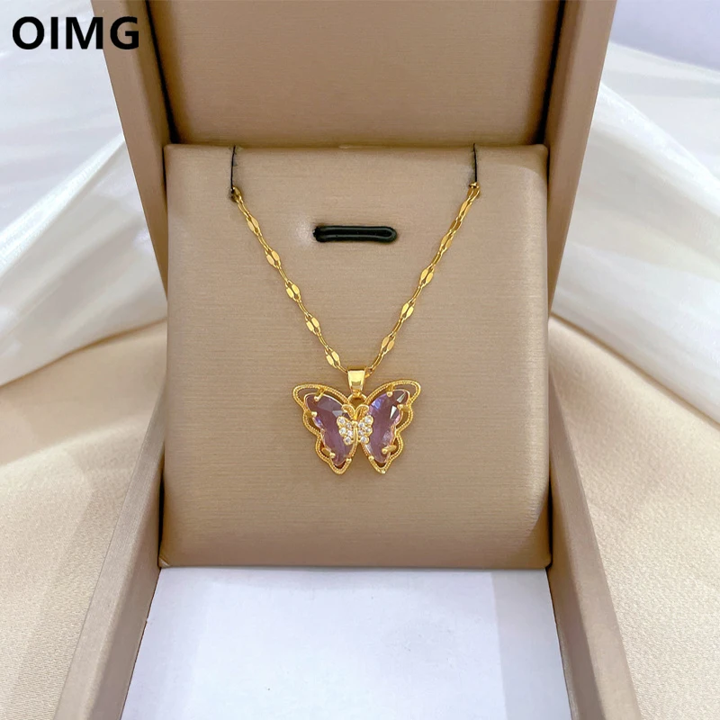 OIMG 316L Stainless Steel Gold Plated Charming Purple Rhinestone Butterfly Pendant Neckalce For Women Princess Birthday Gift