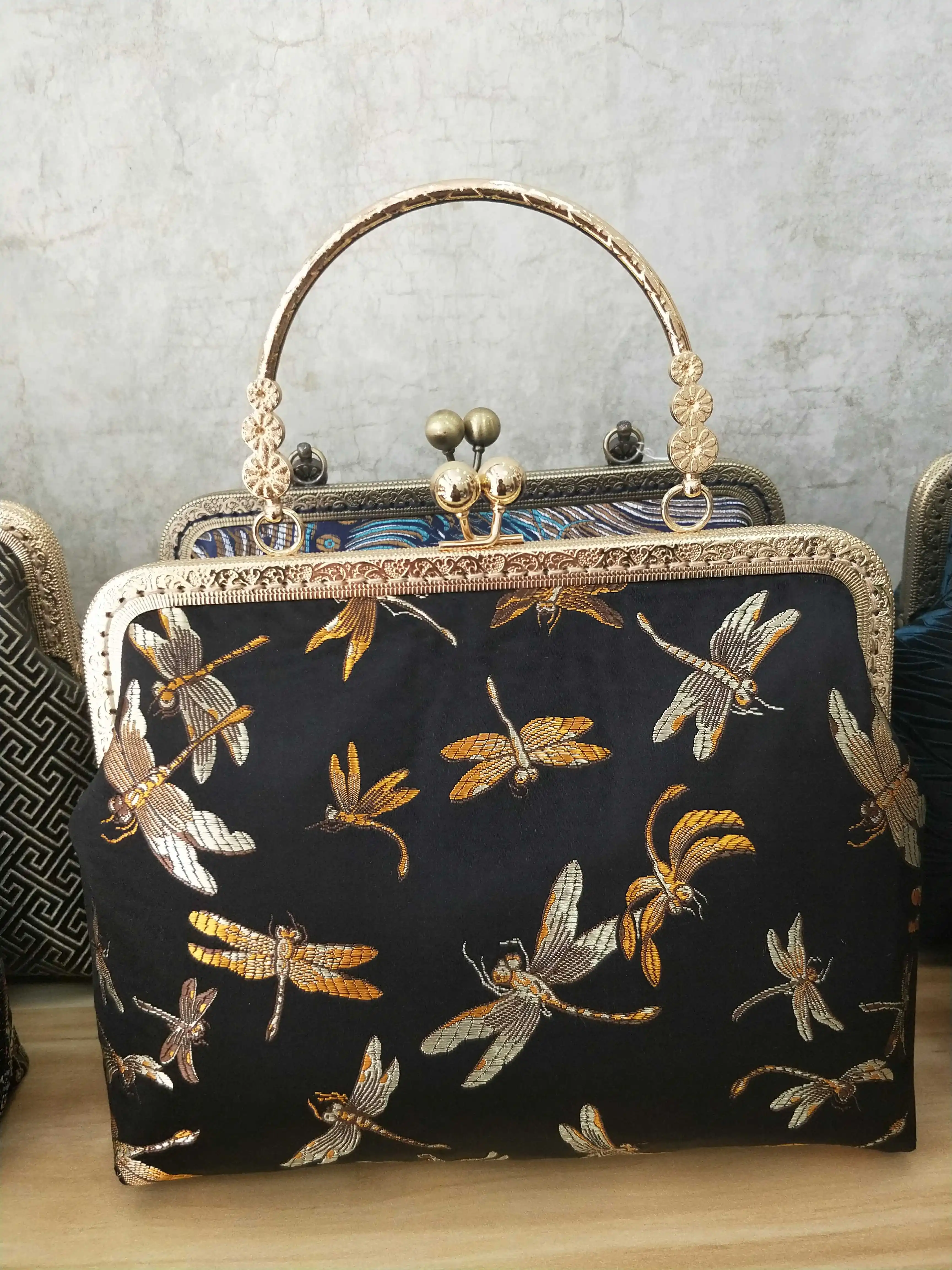 Lost in Vintage Bridal Clutch Purse Made From Mermaid Feathers Brocade Fabric Gold Frame Pearl Kiss Lock Clasp Formal Party