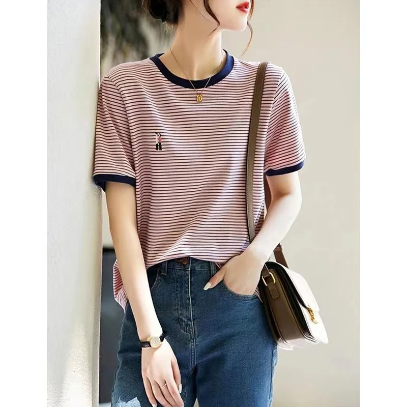 

Летняя ор Све круглая полосатая цветная блузка с вышивкой, хлопковая основа irt Young Looking, утягивающий женский топ, корейский сле