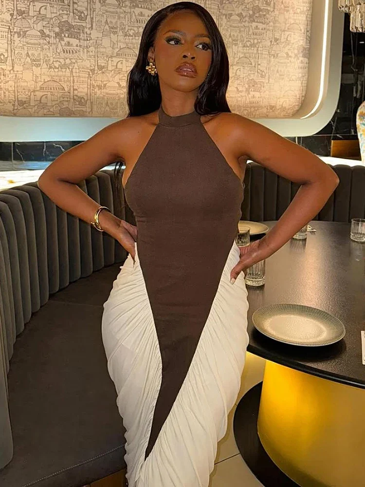 Halter retalhos vestidos femininos high street elegante shirring sem costas sem mangas em linha reta maxi bodycon mujer banquete vestido