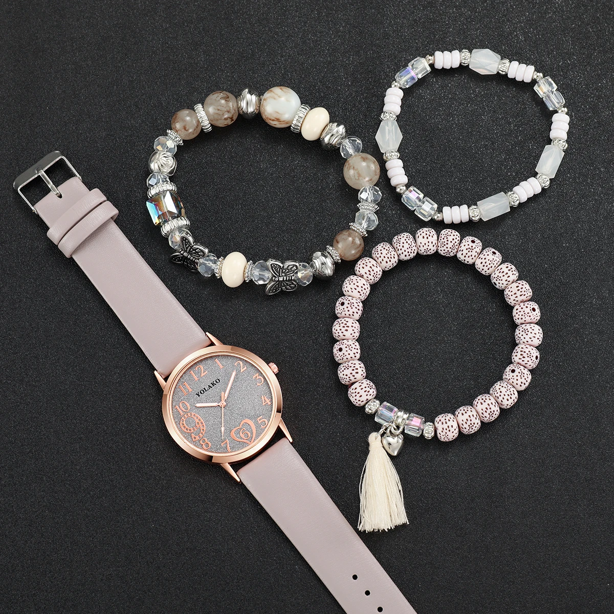 Ensemble montre à quartz et bijoux coeur d'amour pour femme, bracelet en cuir, mode, 5 pièces/ensemble