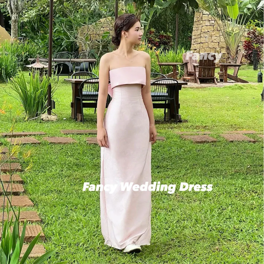 Fancy Simple Strapless Pink Evening Dress Back Bow Sleeveless Prom Gown Floor Length Birthday Party Dresses Customized