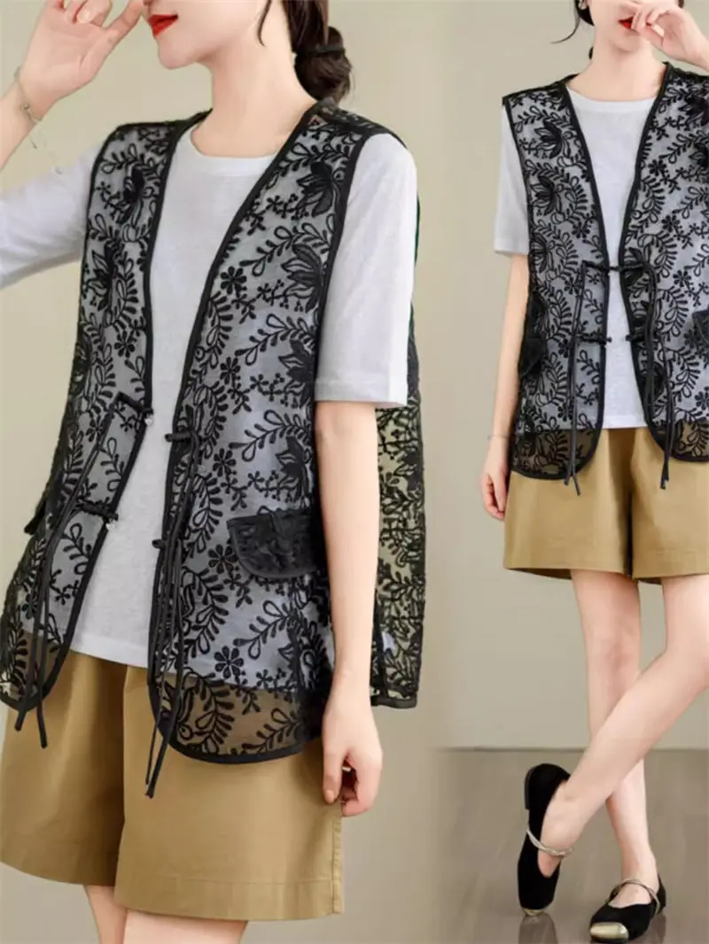 

New Chinese Style High-End Hollowed Out Embroidery Lace Jacquard Vest Jacket Summer V-Neck Button Top Sleeveless Waistcoat K1144