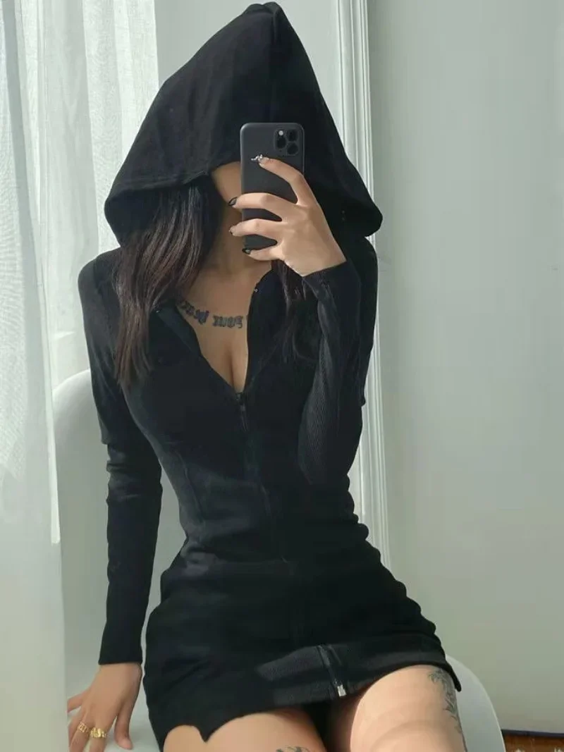 

Korean Style Sexy Zip Up hoodie Mini Dress Women New Long Sleeve Harajuku Aesthetic Black Dress Korean Fashion Casual Clothes