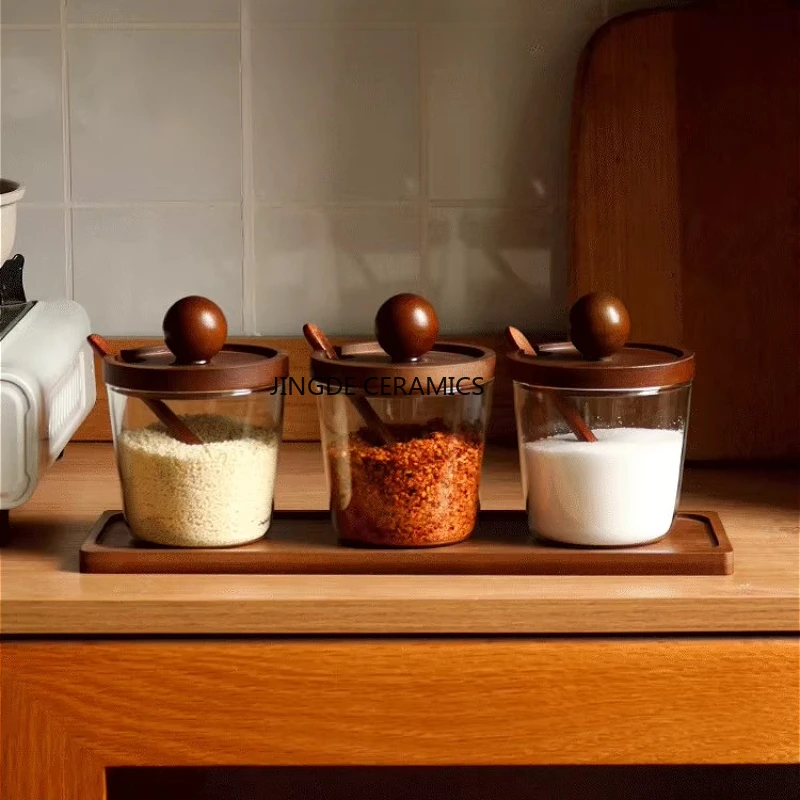 

Дерево + стекло, коробка для приправ, банка для хранения сухих материалов, кухонная и бытовая банка для соли, набор домашних консервных банок для кофейного порошка