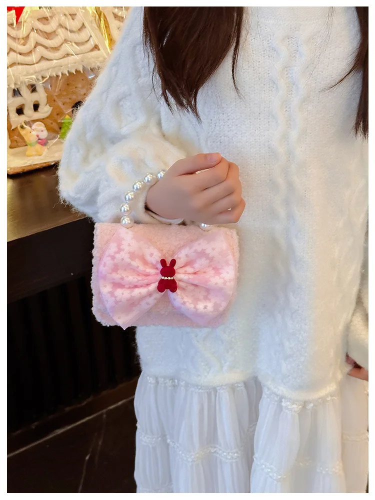 لؤلؤة مقبض الفتيات لطيف الأميرة أفخم حقائب الكتف الحلو القوس الأطفال مربع حقيبة ساعي الشتاء سلسلة محفظة حقائب اليد هدية