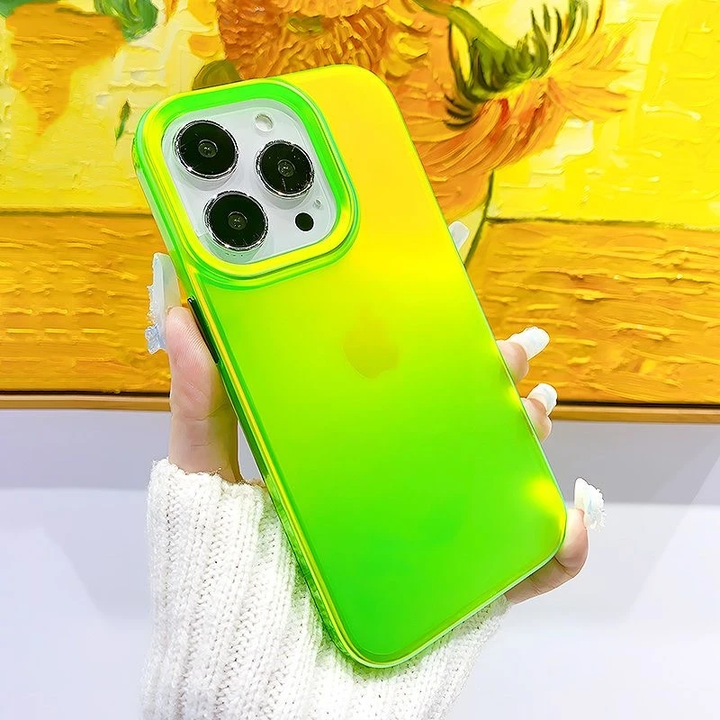Funda de teléfono verde fluorescente colorida para iPhone 16, 15Pro Max, 14 Pro, 13, 12 Pro Max, funda protectora anticaída fluorescente esmerilada