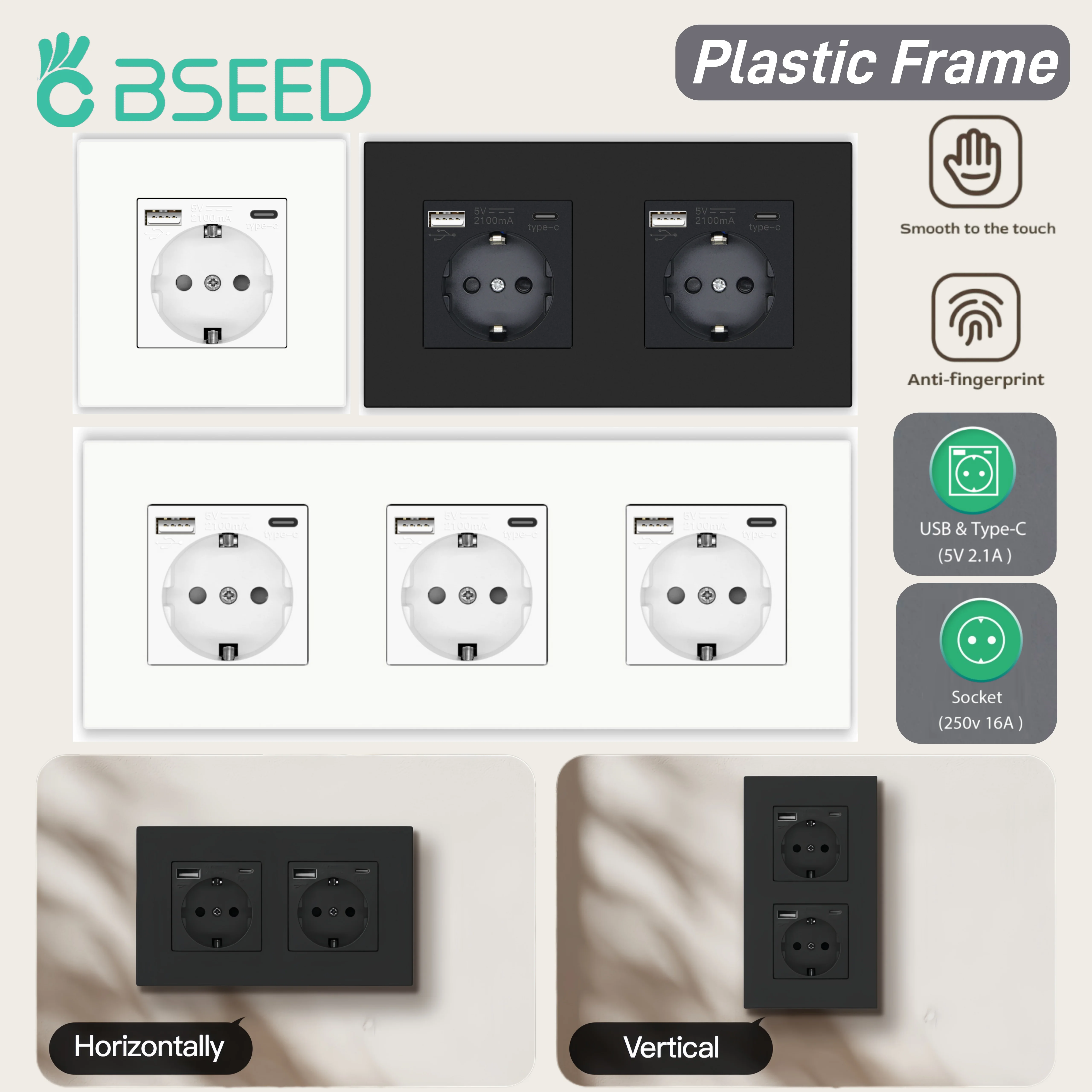 BSEED EU-Standard 250V Wandsteckdose mit USB Typ-C, Schwarz-Weißer Kunststoffrahmen, Einzel-, Doppel- und Dreifach-Steckdosen, Deutsche Steckdose 16A