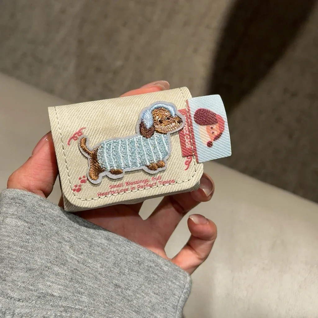 

For AirPods 1 2 3 4 Pro 2 Pro 3 Case Cartoon Embroidery Dachshund Dog Denim Pattern Earphone Case Cover Leather with Lanyard
