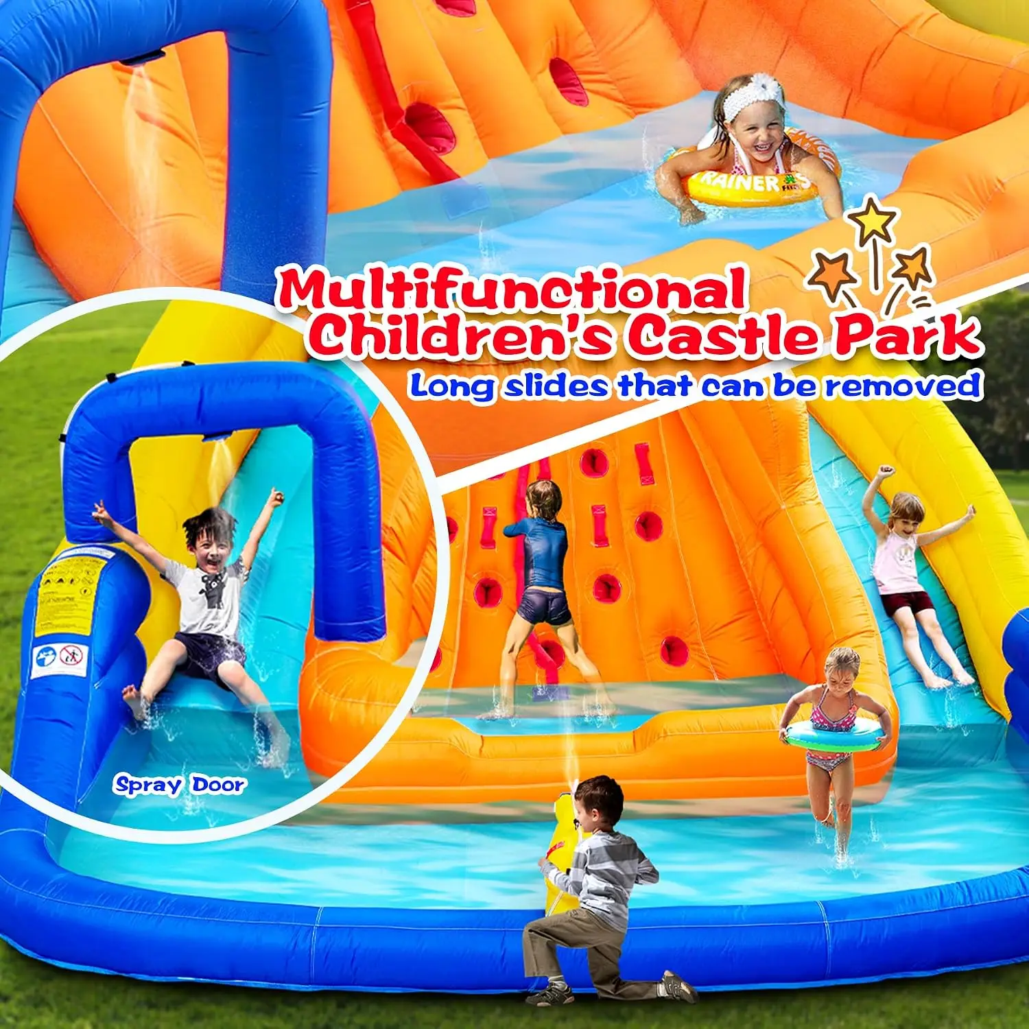 WELLFUNTIME Inflatable Water Slide, Bounce House with Water Bucket, Deep Pool, Climbing Wall with Rope, Bouncy Castle with Air B view 4