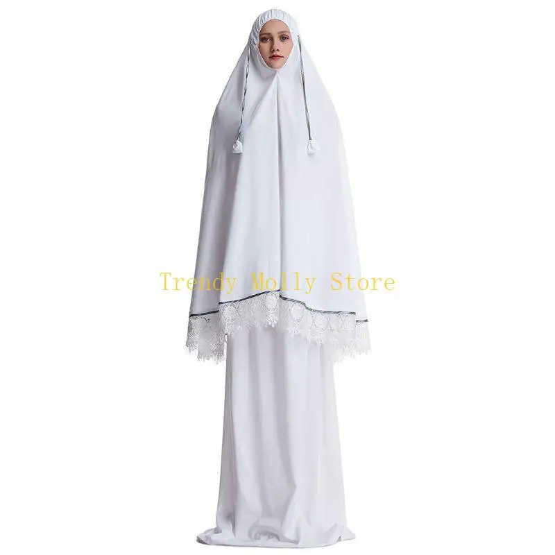 N5KB-bata musulmana tradicional para mujer, conjunto oración islámica doble capa, cubierta completa con lazo en Abaya,