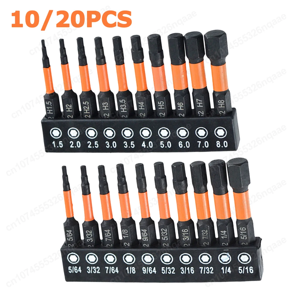 10/20PCS Magnetic Allen Wrench Drill Bit Set Metric & Imperial Impact Hex Head Screwdriver Bit Set 1/4 Inch Hex Shank Hex Bit