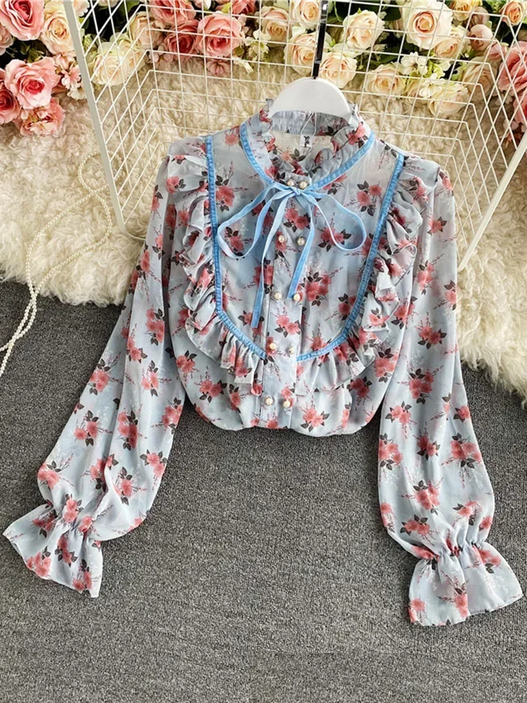 Spring Autumn New Loose Temperament Blouse Women's Fungus Stand Collar Ruffled Floral Trumpet Sleeve Chiffon top Shirt C151