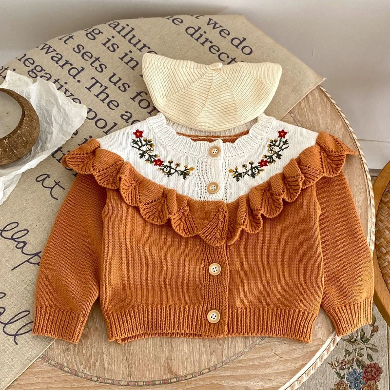 Autumn new baby clothing, 0-2 year old girls, dress style embroidered cotton yarn knitted lace long sleeved cardigan jacket