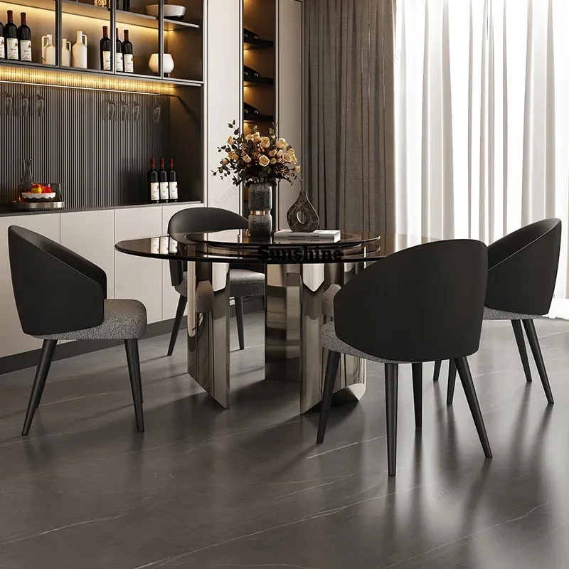 

YLight luxury household small apartment, modern simple round stainless steel dining table and chair combination
