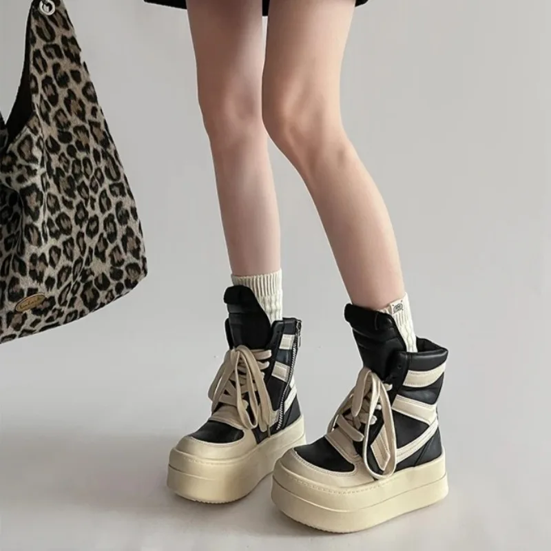 여성용 플랫폼 앵클 부츠 디자이너 두꺼운 밑창 가죽 하이탑 부츠 여성용 캐주얼 신발 높이 증가 Botas Mujer