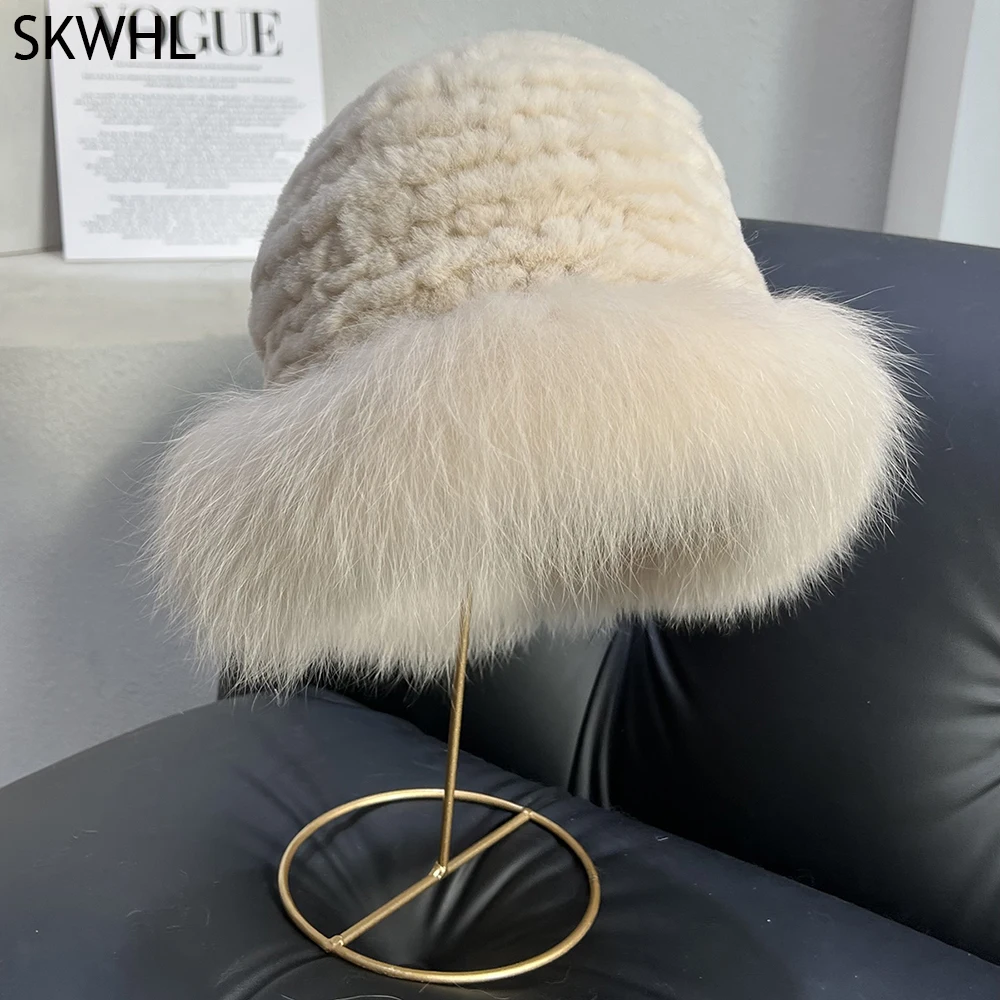 

Luxury Women Winter Real Rex Rabbit Fur Bomber Hats Lady Winter Genuine Fox Fur Cap Beanies Warm Soft Fluffy Natural Fur Hat