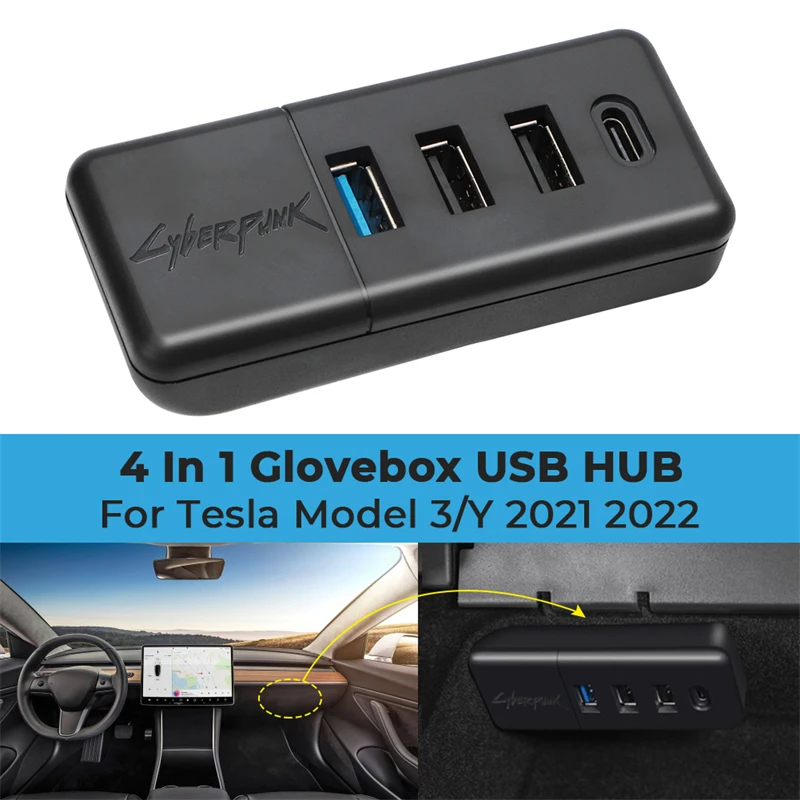 Glovebox USB Hub Ports for Tesla Model 3 Y 2021 2022 Docking Station 4 In 1 Game Co-pilot Spiliter Upgrade Data Transfer Adapter